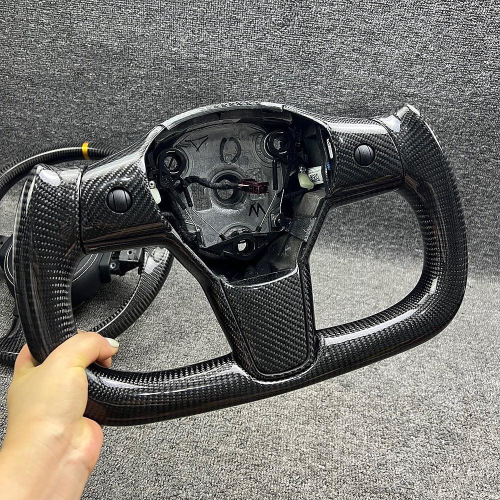Modified Model 3 & Y Yoke Style Full Real Carbon Fiber Heated Steering Wheel - Image 5