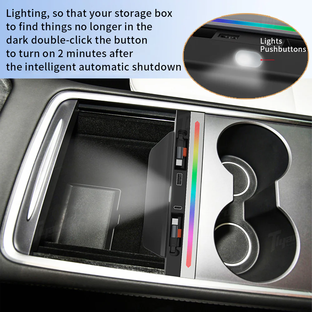 Tesla Model 3/Y USB Hub with Retractable Fast Charging Cable Center Console Dock with Ambient LED Lighting & Storage Illumination | Tlyard - Image 9